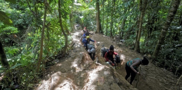 Μετανάστες διασχίζουν τη ζούγκλα του Νταριέν, στο τμήμα Τσόκο της Κολομβίας, με κατεύθυνση προς τον Παναμά, στις 26 Σεπτεμβρίου 2021, προσπαθώντας να φτάσουν στις ΗΠΑ. [Raul ARBOLEDA/AFP]