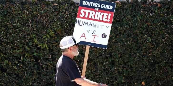 Μια πινακίδα της Συντεχνίας Συγγραφέων της Αμερικής γράφει «Ανθρωπότητα εναντίον ΑΙ», σε διαδήλωση έξω από το στούντιο της Warner Bros. στις 16 Αυγούστου 2023 στο Μπέρμπανκ της Καλιφόρνια. [MARIO TAMA / GETTY IMAGES NORTH AMERICA / Getty Images via AFP]