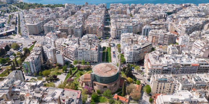 Αεροφωτογραφία από drone της Ροτόντας του Γαλερίου, ενός από τα σημαντικότερα ιστορικά ρωμαϊκά μνημεία της Θεσσαλονίκης. [NICOLAS ECONOMOU / NURPHOTO / NURPHOTO VIA AFP]