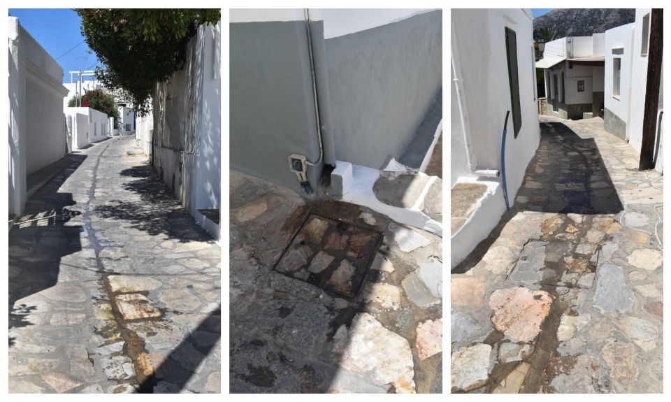 Νερά προερχόμενα από λούκι τρέχουν για εκατοντάδες μέτρα στα στενά του Αρτεμώνα, Δευτέρα, 15 Ιουλίου 2024.