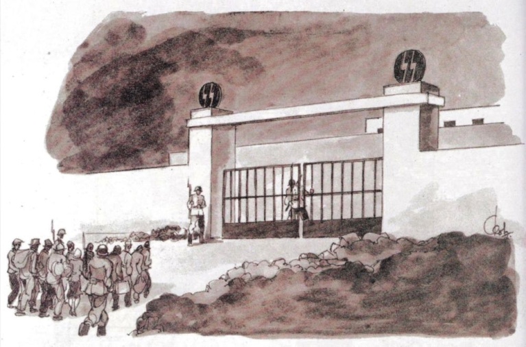 Απεικόνιση της εισόδου του στρατοπέδου Χαϊδαρίου σε μεταπολεμικό σχέδιο του σπουδαίου σκιτσογράφου και γελοιογράφου, Φωκίωνα Δημητριάδη.