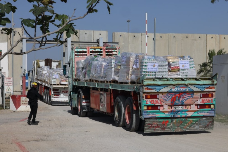 Ένα φορτηγό που μεταφέρει ανθρωπιστική βοήθεια φτάνει από την Αίγυπτο στην ισραηλινή πλευρά του συνοριακού περάσματος Κερέμ Σαλόμ, πριν εισέλθει στη νότια Λωρίδα της Γάζας, στις 10 Ιανουαρίου 2024. [JACK GUEZ/AFP]