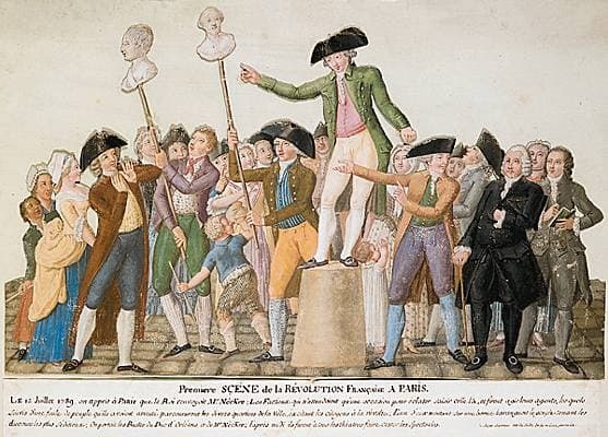 «Πρώτη σκηνή της Γαλλικής Επανάστασης στο Παρίσι: 12 Ιουλίου 1789, ...». Γκουάς από καλλιτέχνη της οικογένειας Le Sueur, τέλη 18ου αιώνα. [Ph. Jeanbor © Archives Larbor/Musée Carnavalet, Παρίσι].