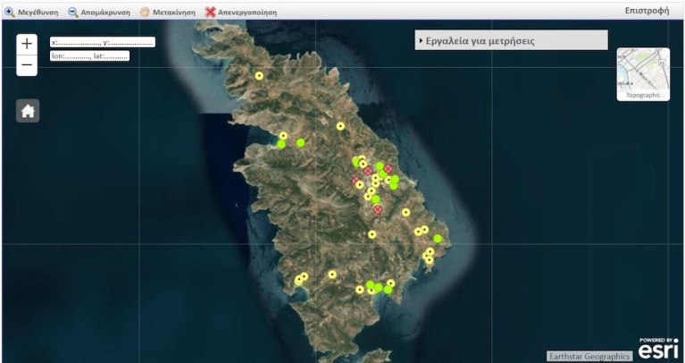 Με πράσινο οι ενεργές γεωτρήσεις, με κόκκινο οι ανενεργές και με κίτρινο οι αγνώστου στάτους. [Θέαση Σημείων Υδροληψίας, ΥΠΕΝ]