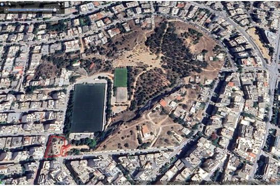 Στιγμιότυπο εικόνας από την εφαρμογή Google Earth Pro του Μαρτίου 2025, που απεικονίζει την έκταση του χώρου στον οποίον έγινε το Micro Forest.