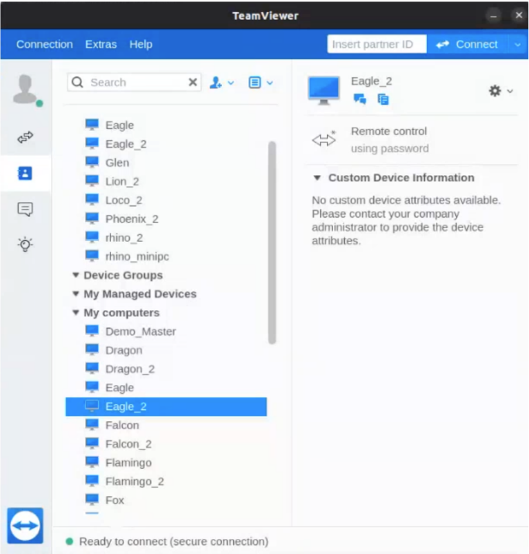 Στιγμιότυπο οθόνης από το TeamViewer με κωδικές ονομασίες πελατών.