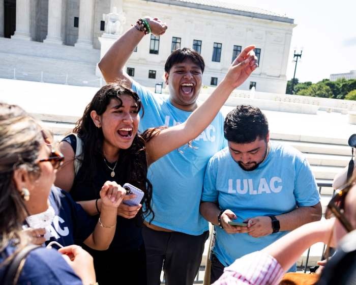 People celebrate after the supreme court rejected Donald Trump’s executive order that attempted to abolish birthright citizenship. Photograph: Jim Lo Scalzo/EPA