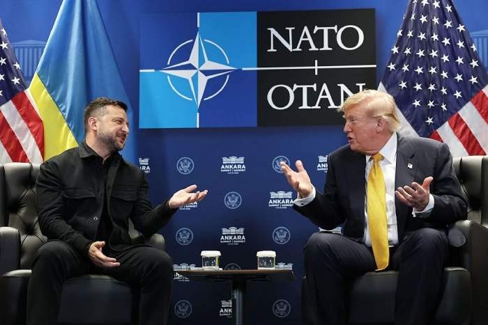 U.S. President Donald Trump (R) meets with President Volodymyr Zelensky for bilateral talks at Beştepe Presidential Compound during the NATO Summit on July 8, 2026 in Ankara, Turkey