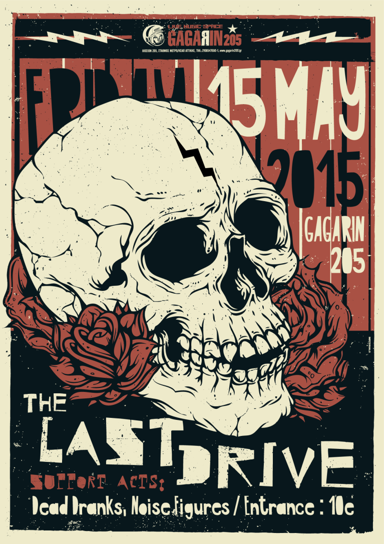 Πόστερ-μεταξοτυπία για τους Last Drive από τον Πέτρο Βούλγαρη. drive_2015_gagarin_web.png