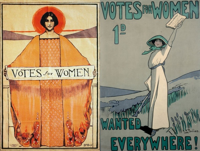 Αριστερά η αφίσα «Votes for Women» από την Bertha M. Boye (1911) και δεξιά η αντίστοιχη αφίσα «Votes for Women» στο Ηνωμένο Βασίλειο από τη Hilda Dallas (1909). votes-for-women.jpg