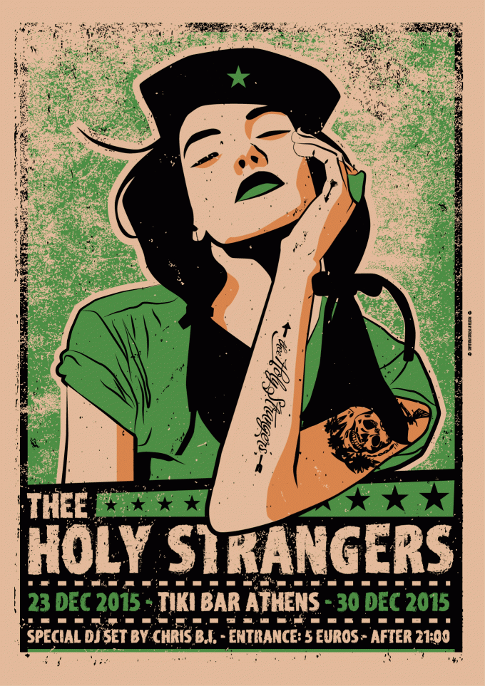 Πόστερ-μεταξοτυπία για τους Holy Strangers από τον Πέτρο Βούλγαρη. voulgaris_holystrangers.gif