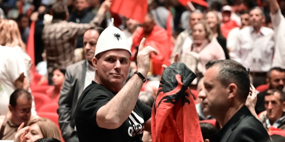Εκδήλωση με ομιλία του πρωθυπουργού της Αλβανίας Έντι Ράμα ενόψει των εθνικών εκλογών του 2025, στο Κλειστό Γυμναστήριο Γαλατσίου στην Αθήνα, Κυριακή 12 Μαΐου 2024. (ΜΙΧΑΛΗΣ ΚΑΡΑΓΙΑΝΝΗΣ/EUROKINISSI)