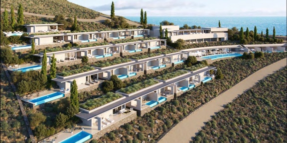 Γραφιστική αναπαράσταση του ξενοδοχείου του σχεδιαζόμενου resort Hills&Sea Kea Resort από το φυλλάδιο της εταιρείας..